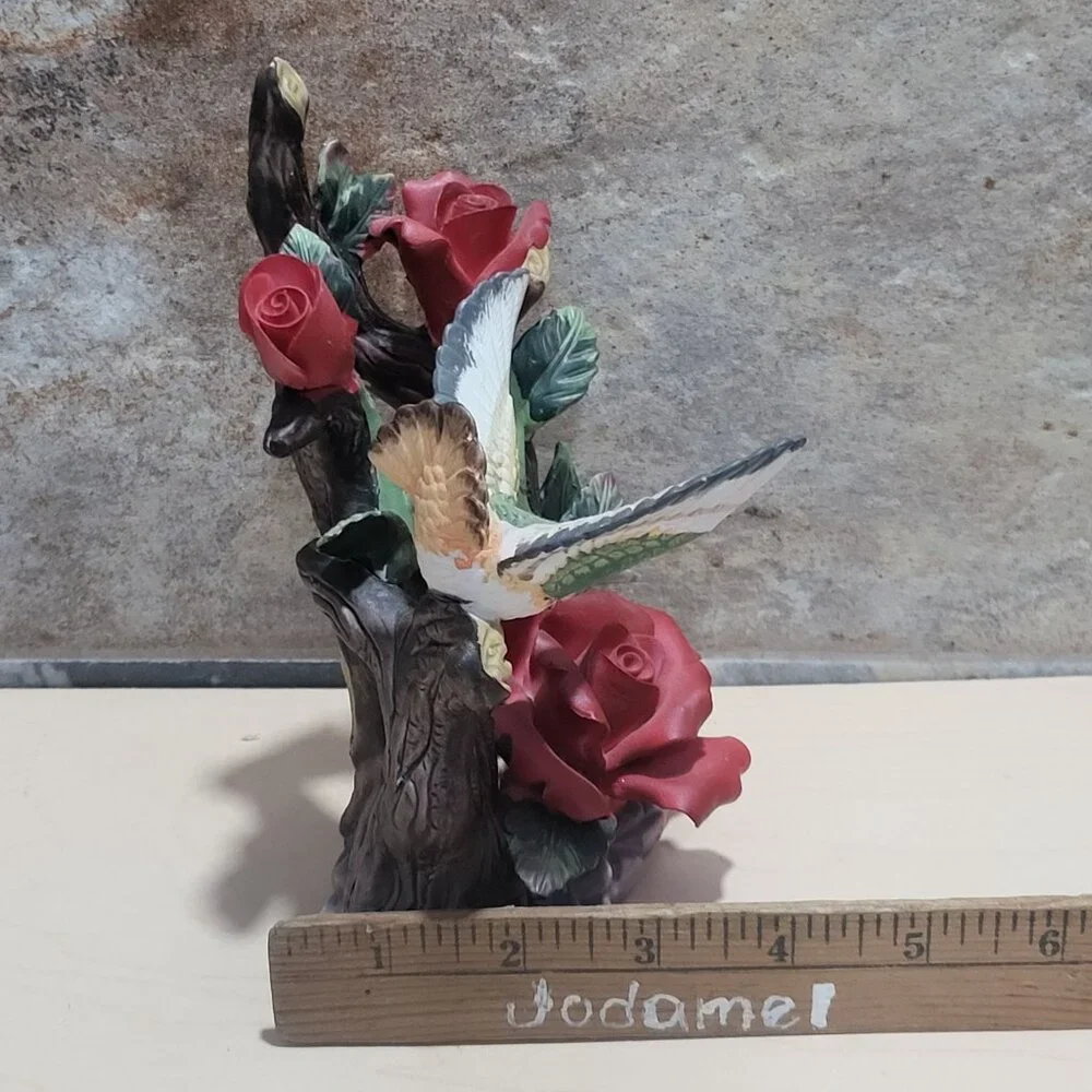 Vintage Porcelain Hummingbird with Sculptured Red Roses Highly Detailed Figurine